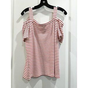ANN Taylor Off shoulder W/shoulder strap Red White striped Jersey top Size Med
